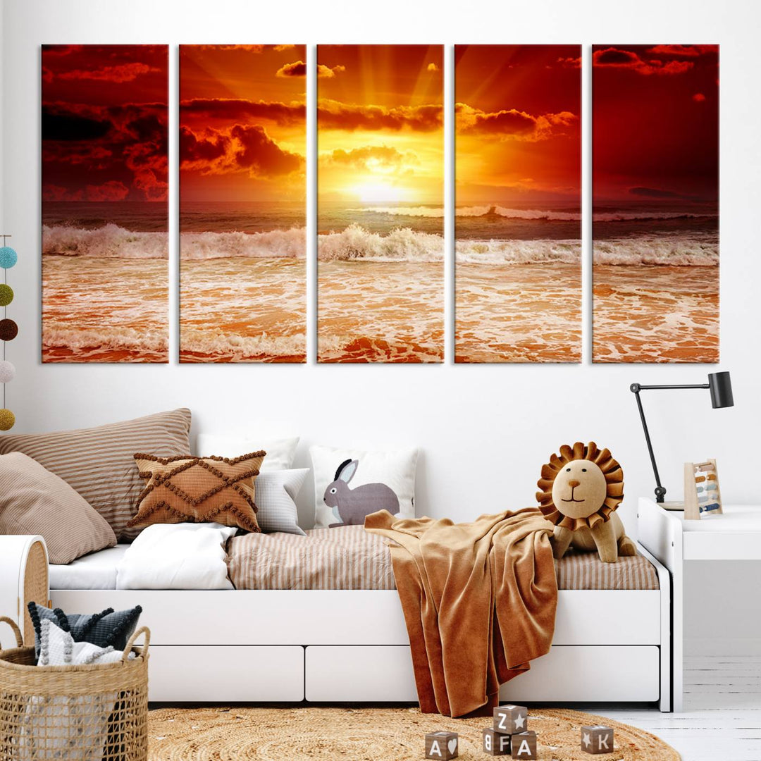 Ocean Sunset Canvas Wall Art Print - Vibrant Red and Orange Sunset Beach Scene, Perfect Coastal Beach Decor for Living Room or Bedroom, Ready to Hang