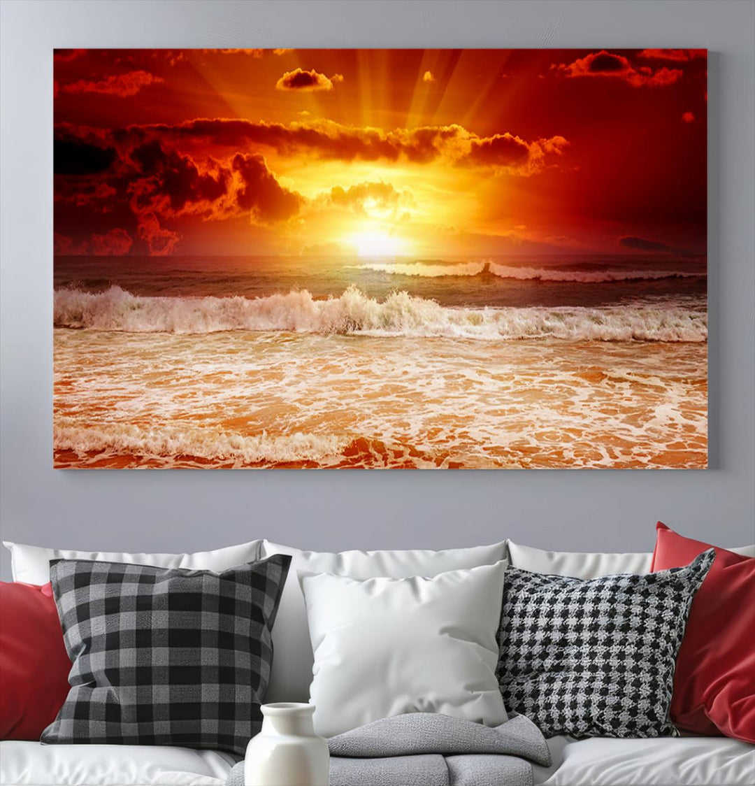 Ocean Sunset Canvas Wall Art Print - Vibrant Red and Orange Sunset Beach Scene, Perfect Coastal Beach Decor for Living Room or Bedroom, Ready to Hang