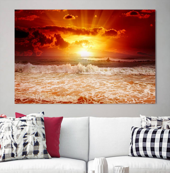 Ocean Sunset Canvas Wall Art Print - Vibrant Red and Orange Sunset Beach Scene, Perfect Coastal Beach Decor for Living Room or Bedroom, Ready to Hang