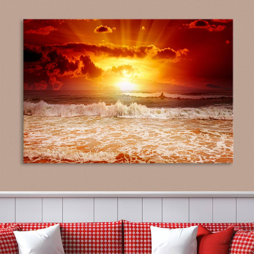 Ocean Sunset Canvas Wall Art Print - Vibrant Red and Orange Sunset Beach Scene, Perfect Coastal Beach Decor for Living Room or Bedroom, Ready to Hang