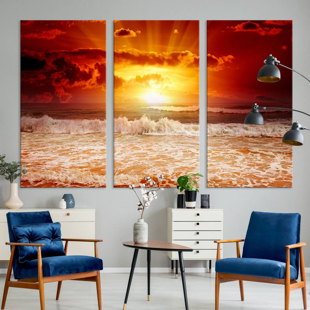 Ocean Sunset Canvas Wall Art Print - Vibrant Red and Orange Sunset Beach Scene, Perfect Coastal Beach Decor for Living Room or Bedroom, Ready to Hang