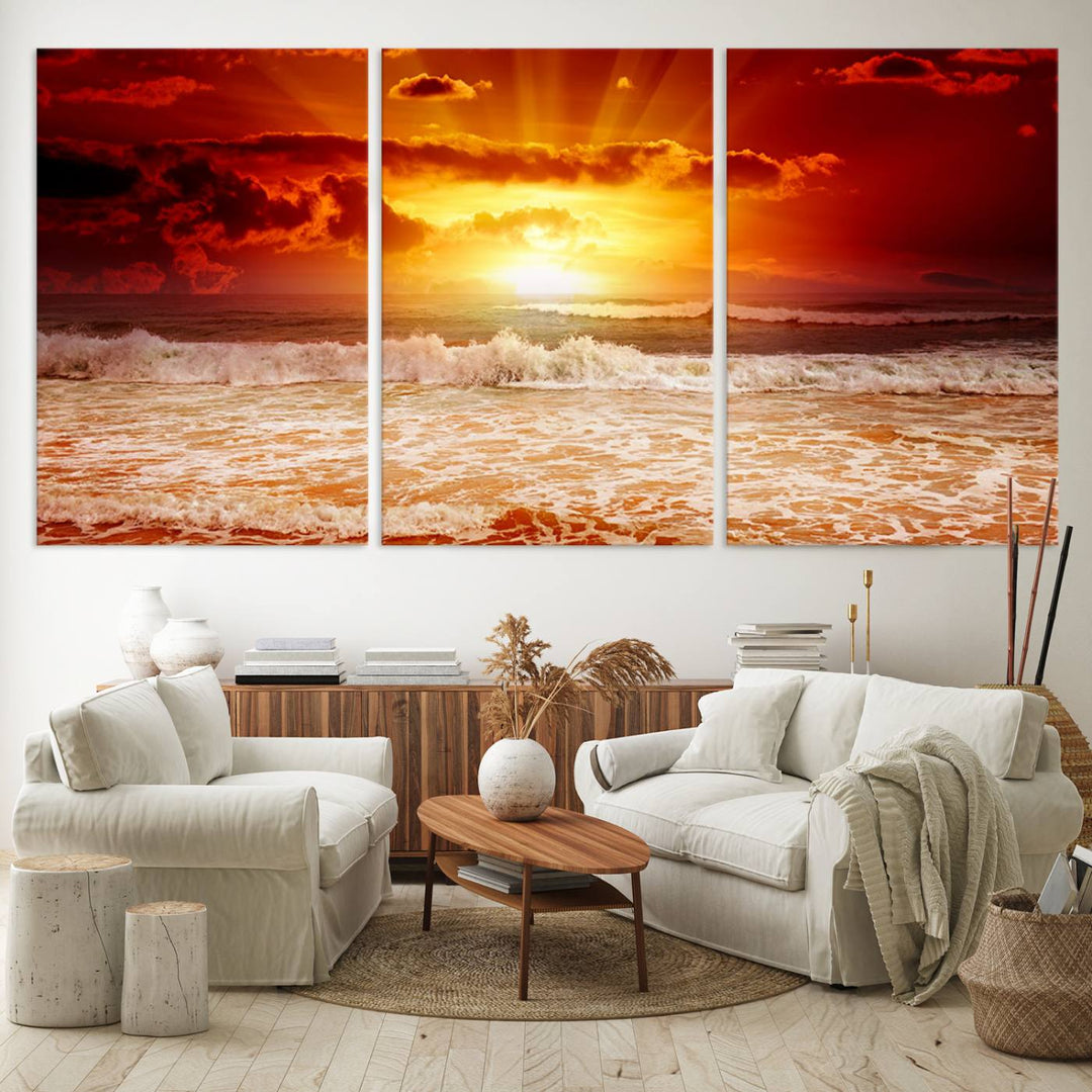 Ocean Sunset Canvas Wall Art Print - Vibrant Red and Orange Sunset Beach Scene, Perfect Coastal Beach Decor for Living Room or Bedroom, Ready to Hang