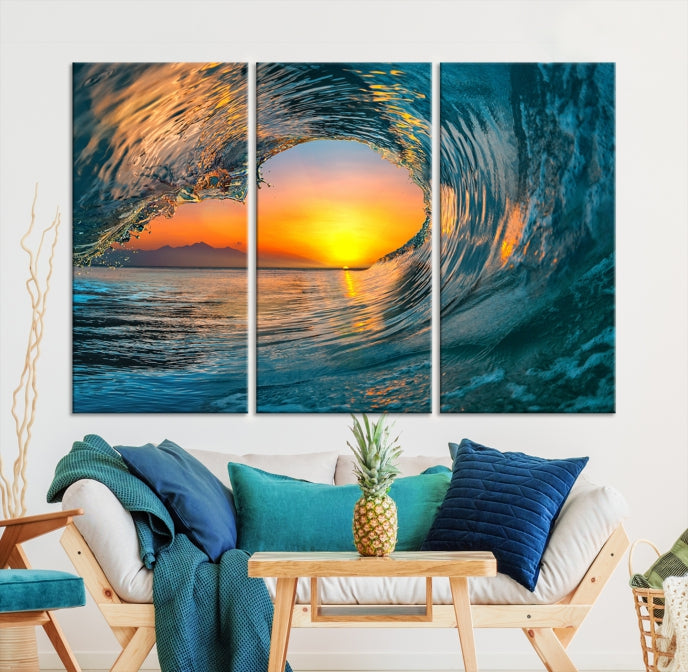 Ocean Great Wave Surface and Sunset Large Wall Art Canvas Print