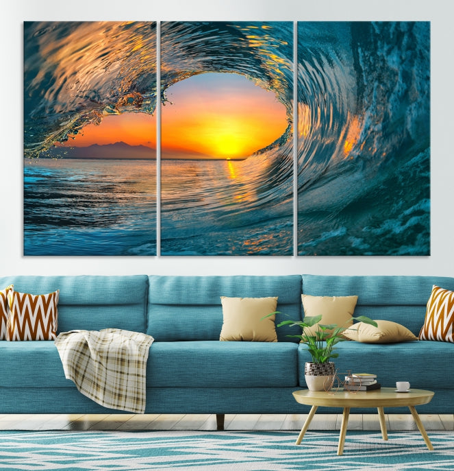 Ocean Great Wave Surface and Sunset Large Wall Art Canvas Print