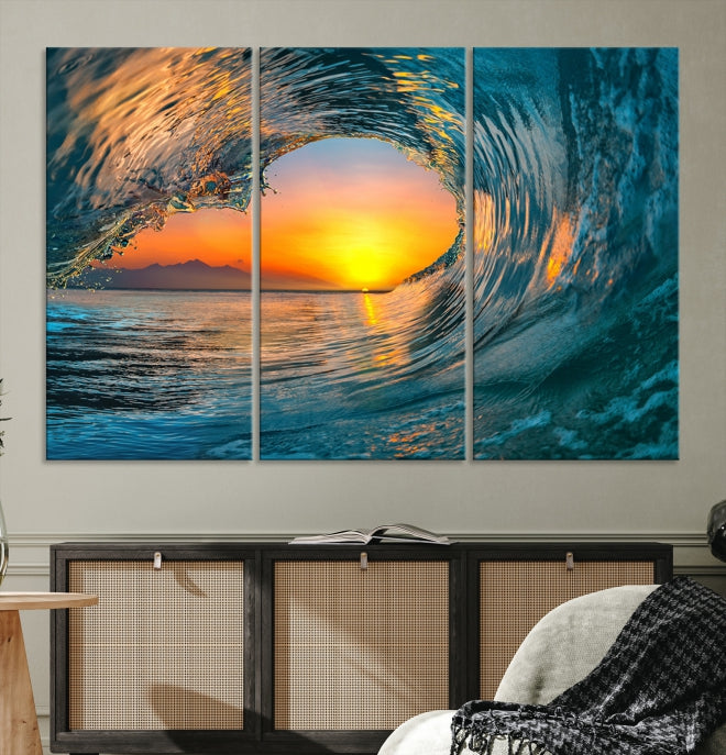 Ocean Great Wave Surface and Sunset Large Wall Art Canvas Print