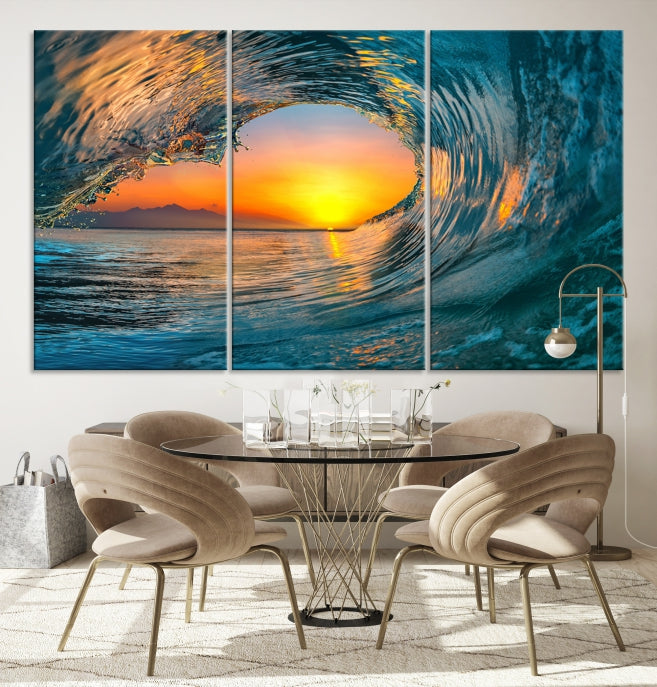 Ocean Great Wave Surface and Sunset Large Wall Art Canvas Print