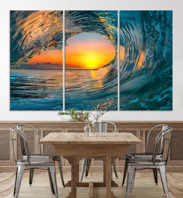 Ocean Great Wave Surface and Sunset Large Wall Art Canvas Print