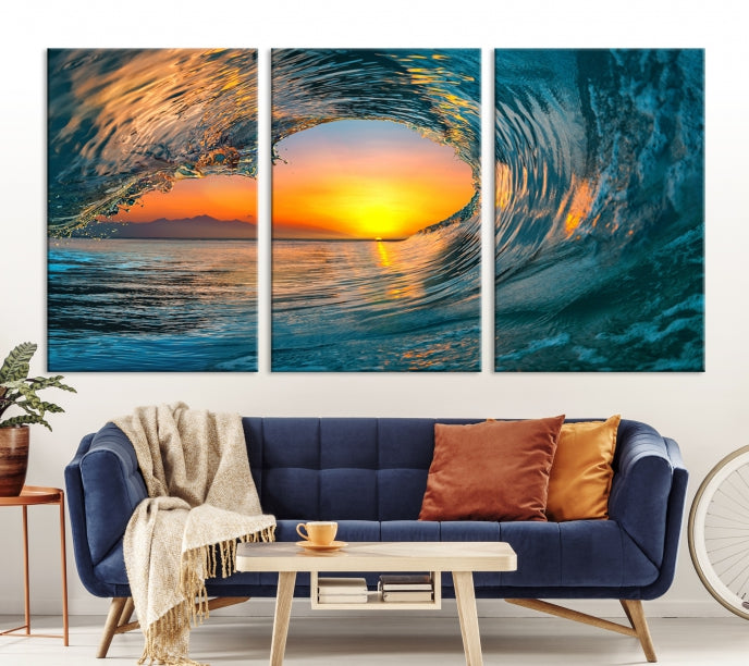 Ocean Great Wave Surface and Sunset Large Wall Art Canvas Print