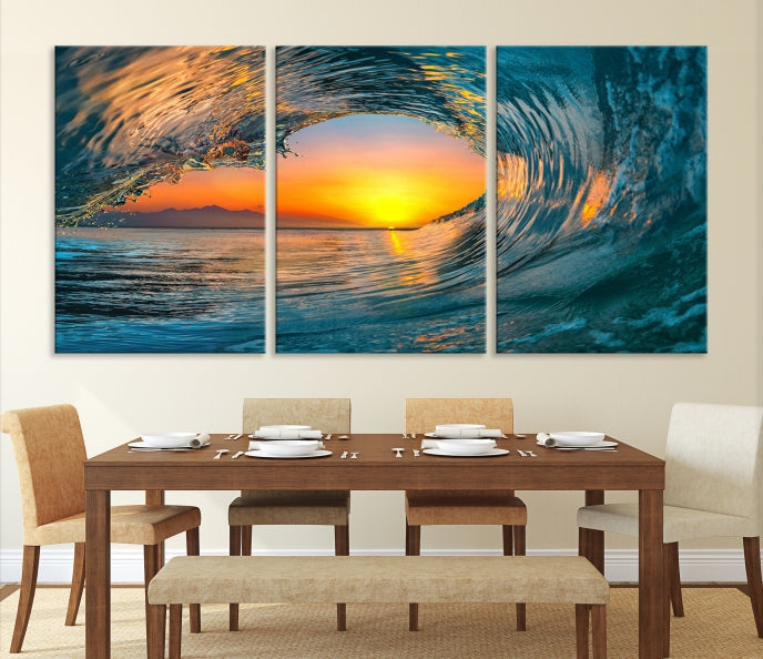 Ocean Great Wave Surface and Sunset Large Wall Art Canvas Print