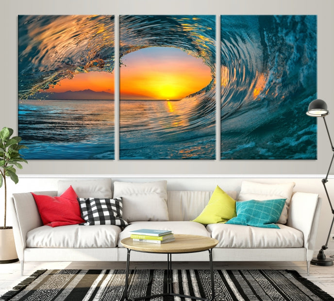 Ocean Great Wave Surface and Sunset Large Wall Art Canvas Print