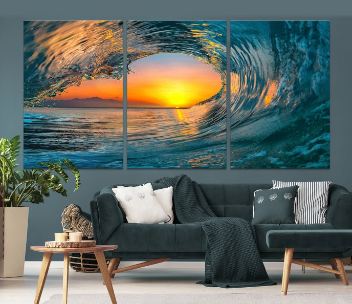 Ocean Great Wave Surface and Sunset Large Wall Art Canvas Print