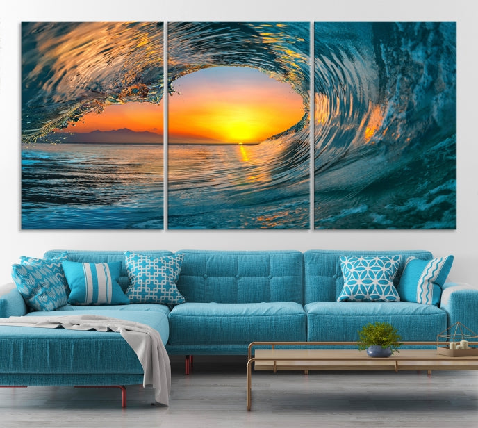 Ocean Great Wave Surface and Sunset Large Wall Art Canvas Print