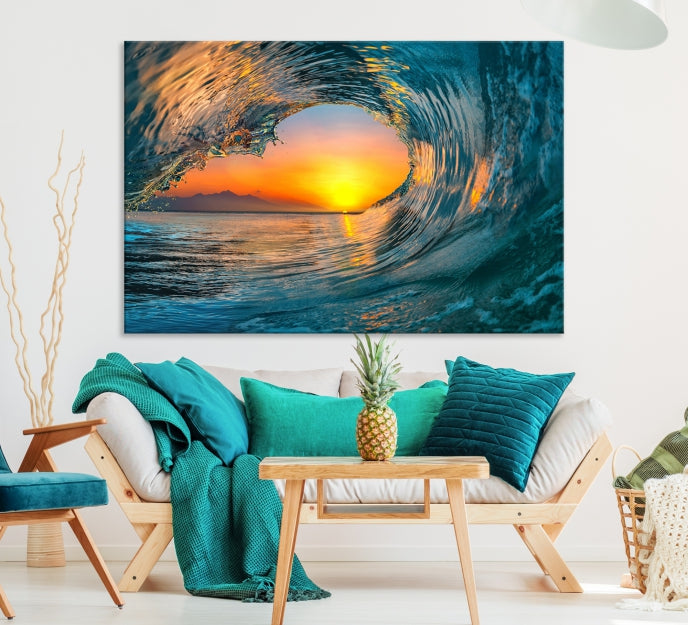 Ocean Great Wave Surface and Sunset Large Wall Art Canvas Print