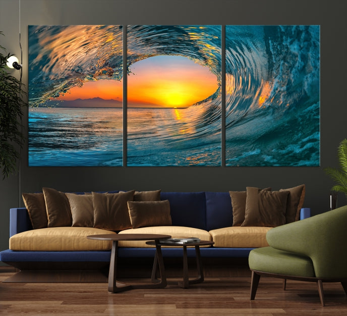 Ocean Great Wave Surface and Sunset Large Wall Art Canvas Print