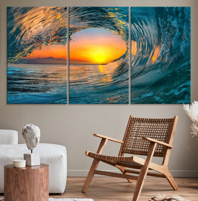 Ocean Great Wave Surface and Sunset Large Wall Art Canvas Print