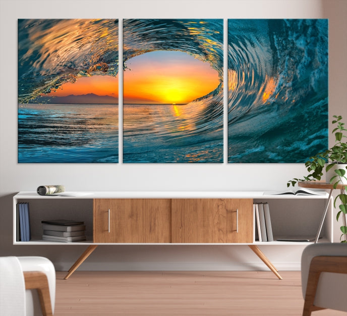 Ocean Great Wave Surface and Sunset Large Wall Art Canvas Print