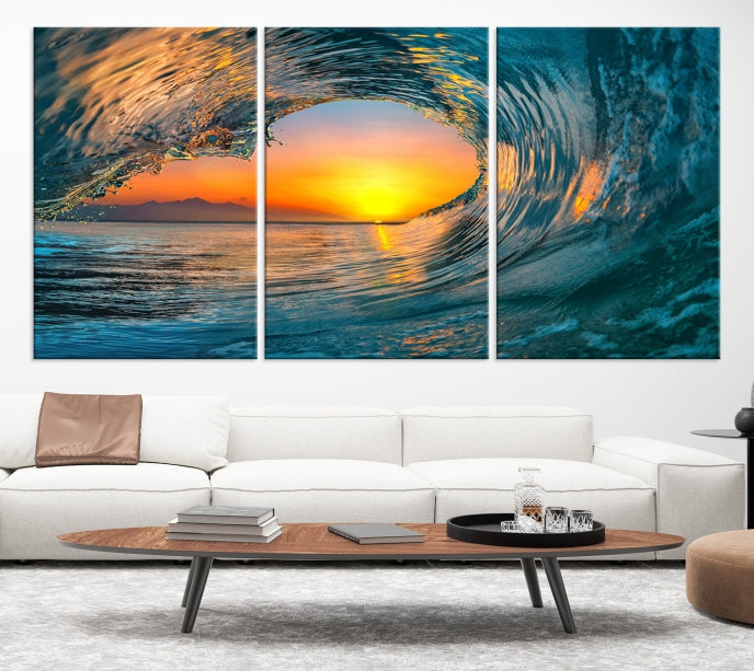 Ocean Great Wave Surface and Sunset Large Wall Art Canvas Print