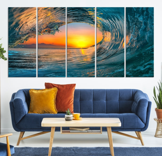 Ocean Great Wave Surface and Sunset Large Wall Art Canvas Print