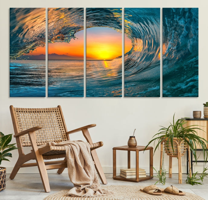 Ocean Great Wave Surface and Sunset Large Wall Art Canvas Print