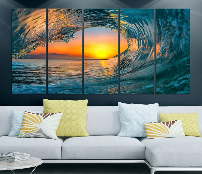 Ocean Great Wave Surface and Sunset Large Wall Art Canvas Print