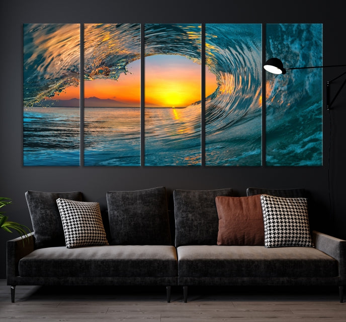 Ocean Great Wave Surface and Sunset Large Wall Art Canvas Print