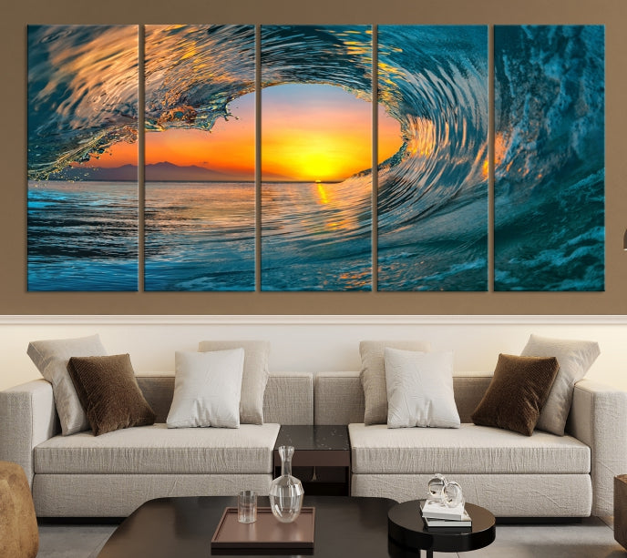 Ocean Great Wave Surface and Sunset Large Wall Art Canvas Print