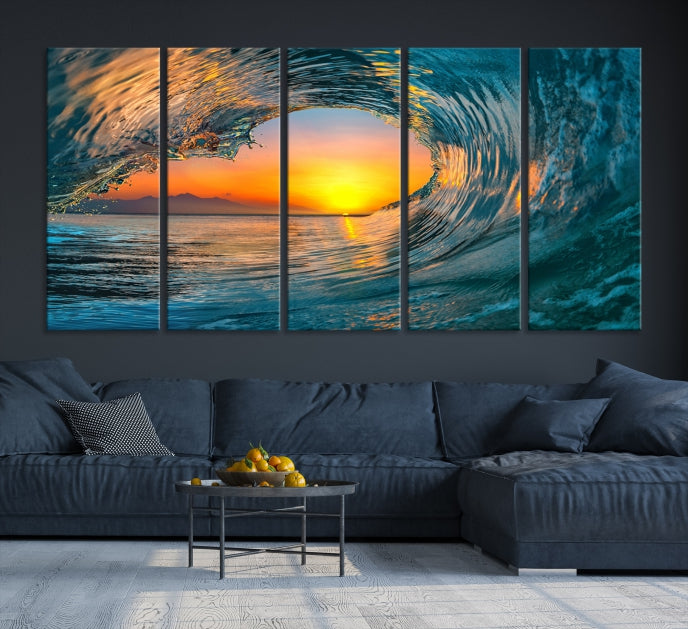 Ocean Great Wave Surface and Sunset Large Wall Art Canvas Print