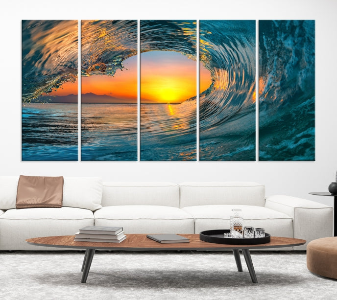 Ocean Great Wave Surface and Sunset Large Wall Art Canvas Print