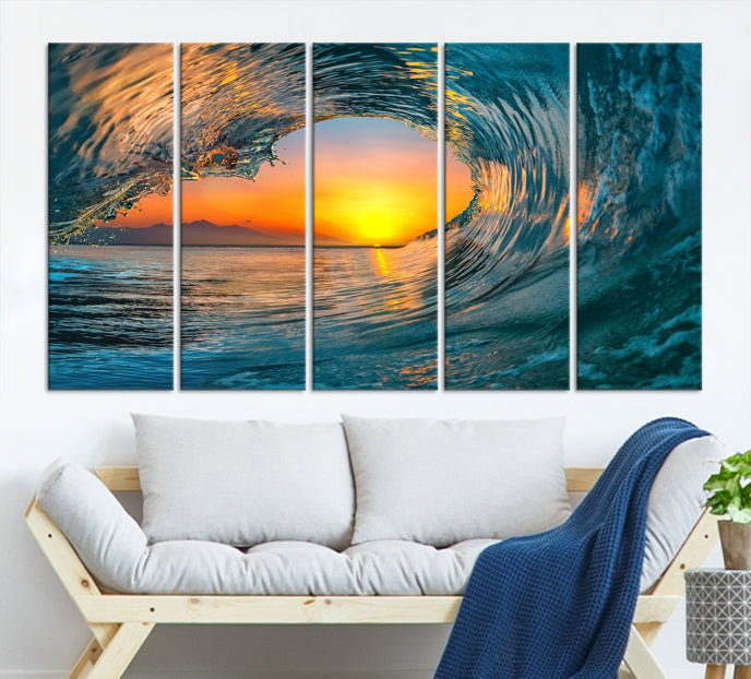 Ocean Great Wave Surface and Sunset Large Wall Art Canvas Print