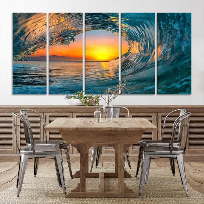 Ocean Great Wave Surface and Sunset Large Wall Art Canvas Print