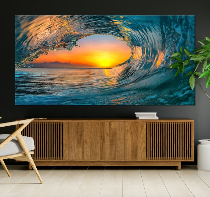 Ocean Great Wave Surface and Sunset Large Wall Art Canvas Print