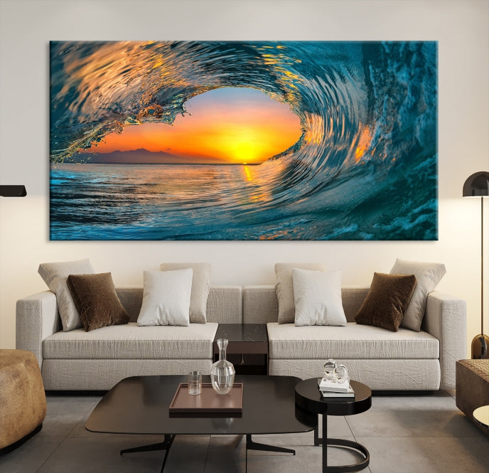 Ocean Great Wave Surface and Sunset Large Wall Art Canvas Print