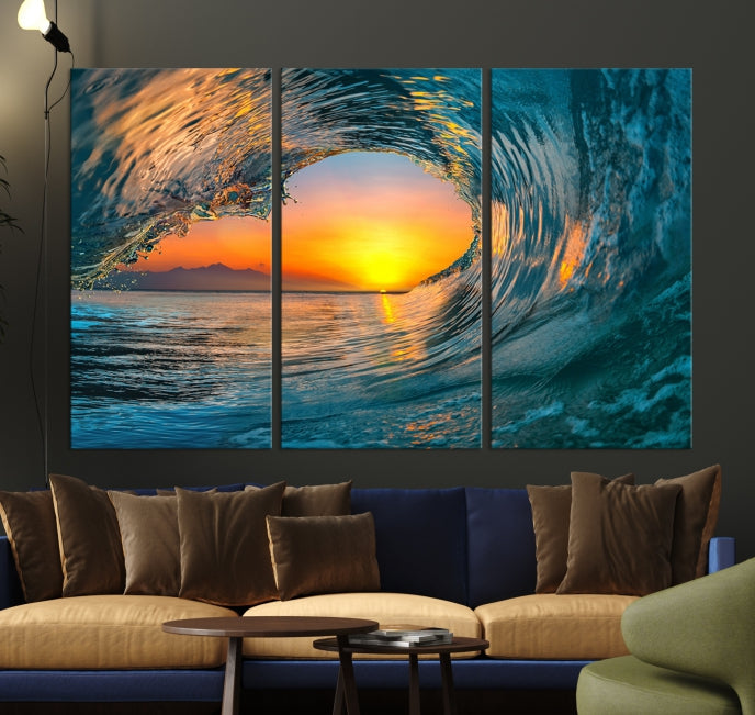 Ocean Great Wave Surface and Sunset Large Wall Art Canvas Print