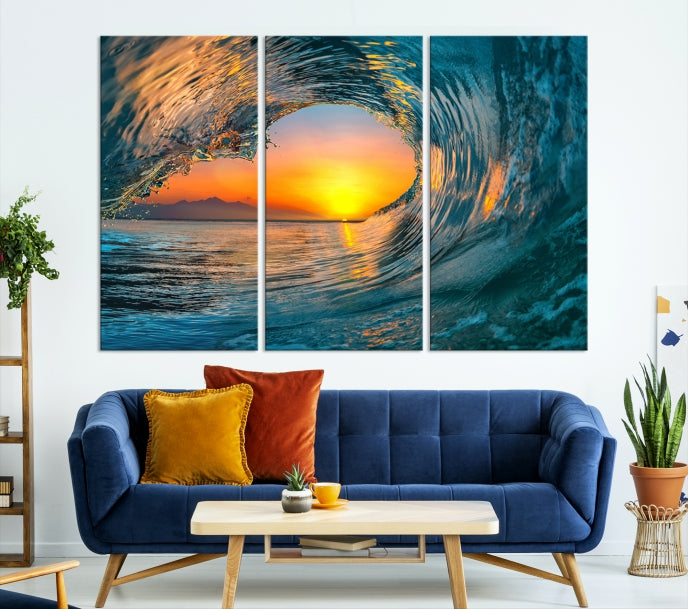 Ocean Great Wave Surface and Sunset Large Wall Art Canvas Print