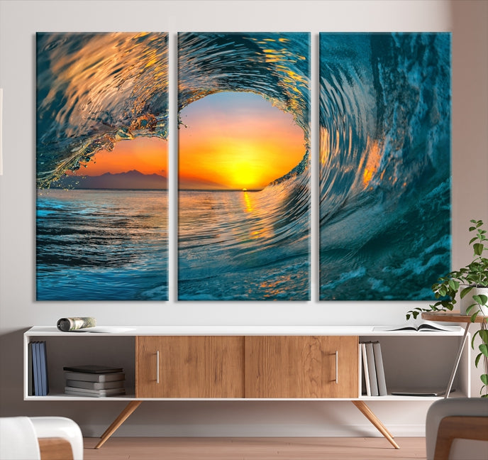 Ocean Great Wave Surface and Sunset Large Wall Art Canvas Print