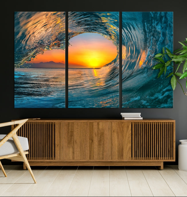 Ocean Great Wave Surface and Sunset Large Wall Art Canvas Print