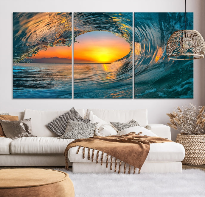 Ocean Great Wave Surface and Sunset Large Wall Art Canvas Print