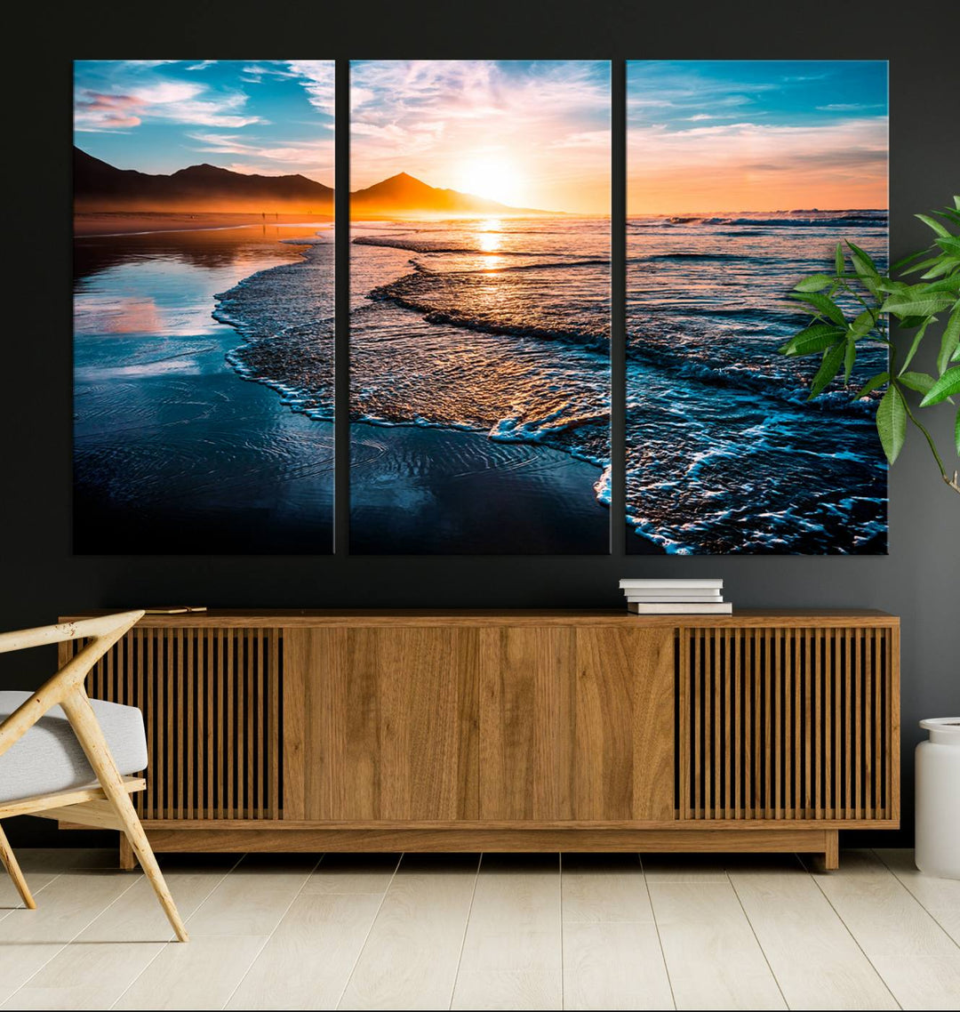 Ocean Waves Canvas Wall Art Print - Serene Beach Scene with Crystal Blue Water, Large Coastal Sunset Wall Art for Living Room, Ready to Hang Decor