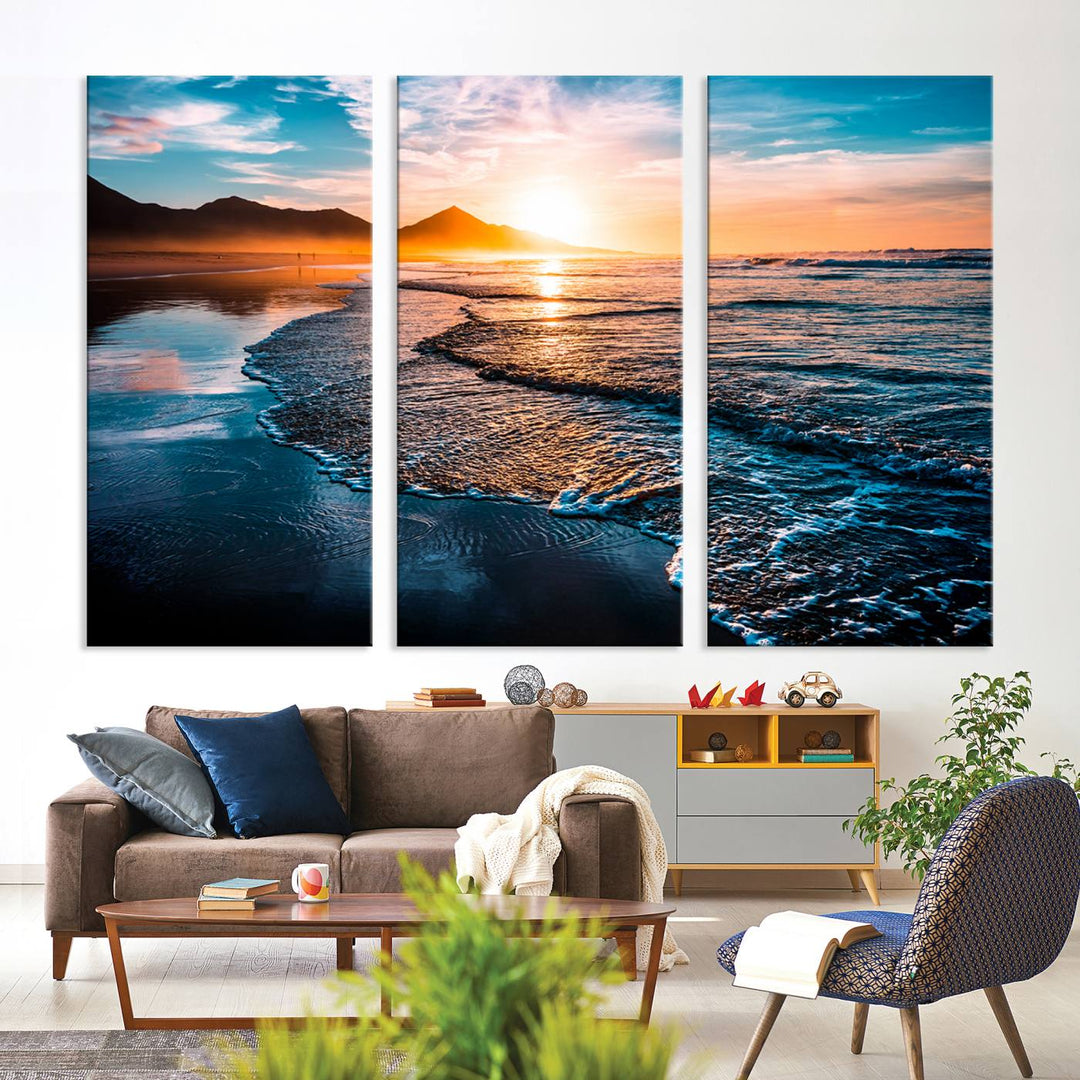 Ocean Waves Canvas Wall Art Print - Serene Beach Scene with Crystal Blue Water, Large Coastal Sunset Wall Art for Living Room, Ready to Hang Decor