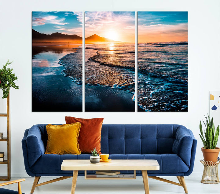 Ocean Waves Canvas Wall Art Print - Serene Beach Scene with Crystal Blue Water, Large Coastal Sunset Wall Art for Living Room, Ready to Hang Decor