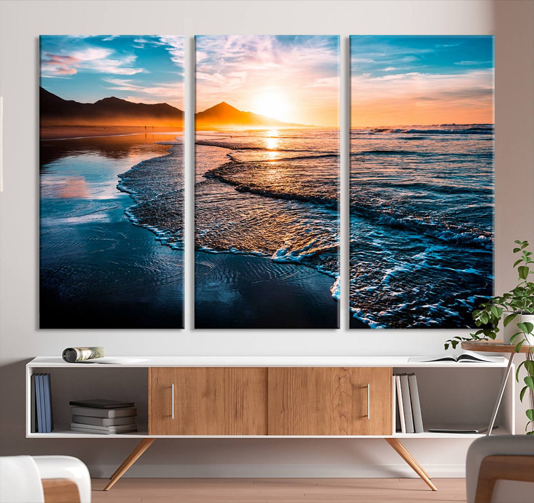 Ocean Waves Canvas Wall Art Print - Serene Beach Scene with Crystal Blue Water, Large Coastal Sunset Wall Art for Living Room, Ready to Hang Decor