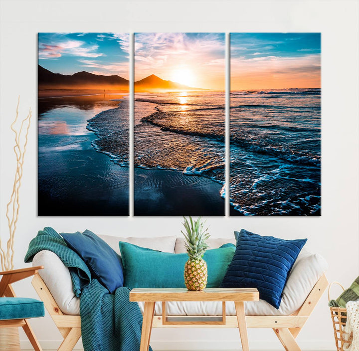 Ocean Waves Canvas Wall Art Print - Serene Beach Scene with Crystal Blue Water, Large Coastal Sunset Wall Art for Living Room, Ready to Hang Decor