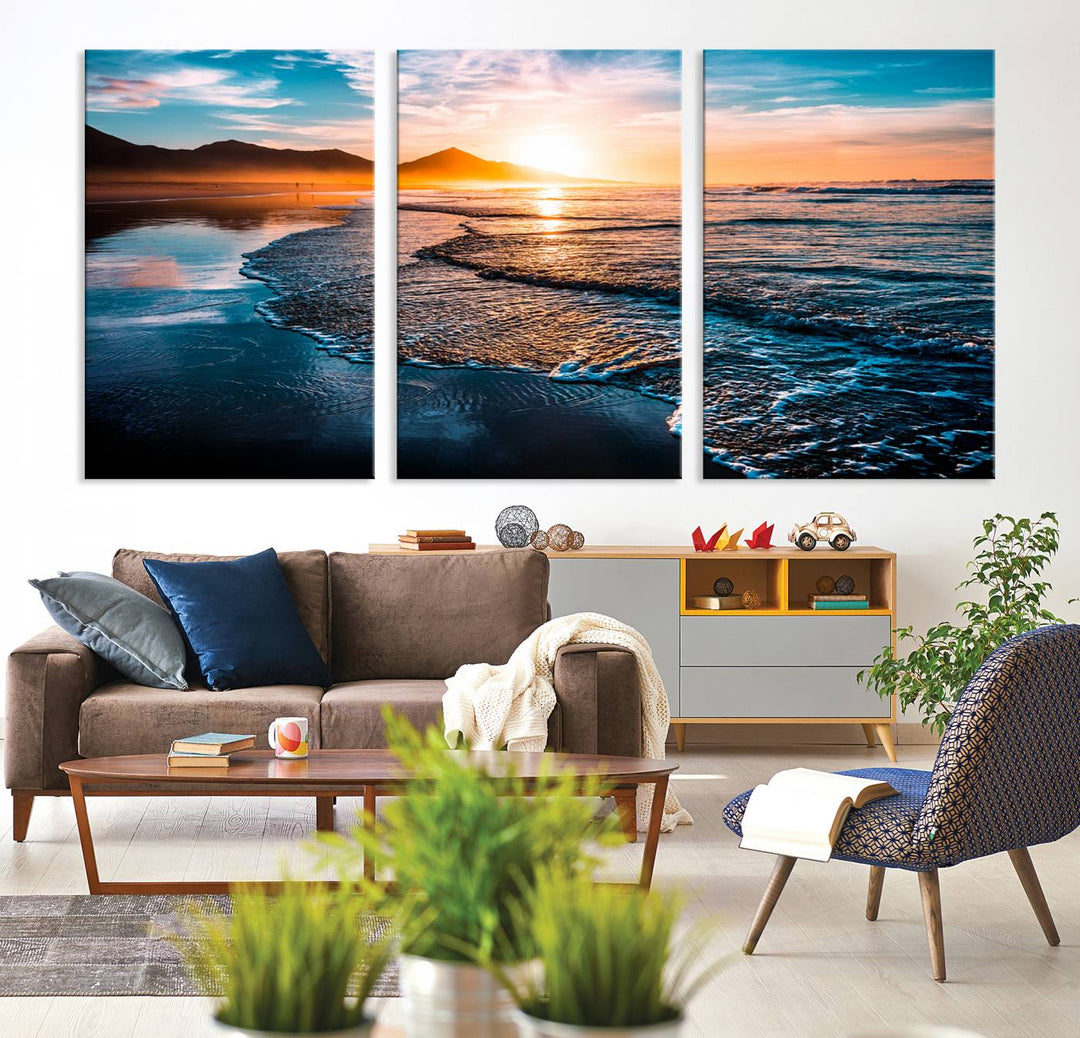 Ocean Waves Canvas Wall Art Print - Serene Beach Scene with Crystal Blue Water, Large Coastal Sunset Wall Art for Living Room, Ready to Hang Decor