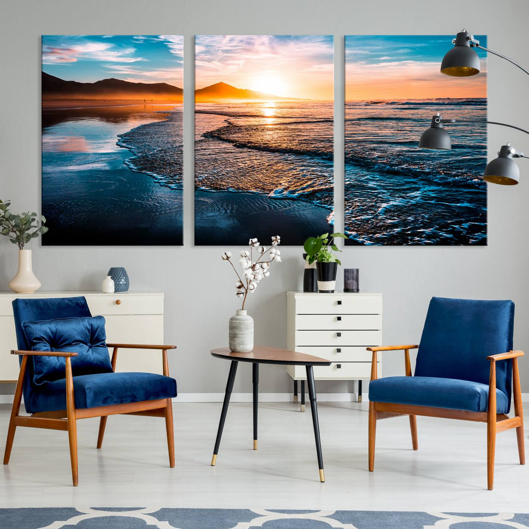 Ocean Waves Canvas Wall Art Print - Serene Beach Scene with Crystal Blue Water, Large Coastal Sunset Wall Art for Living Room, Ready to Hang Decor