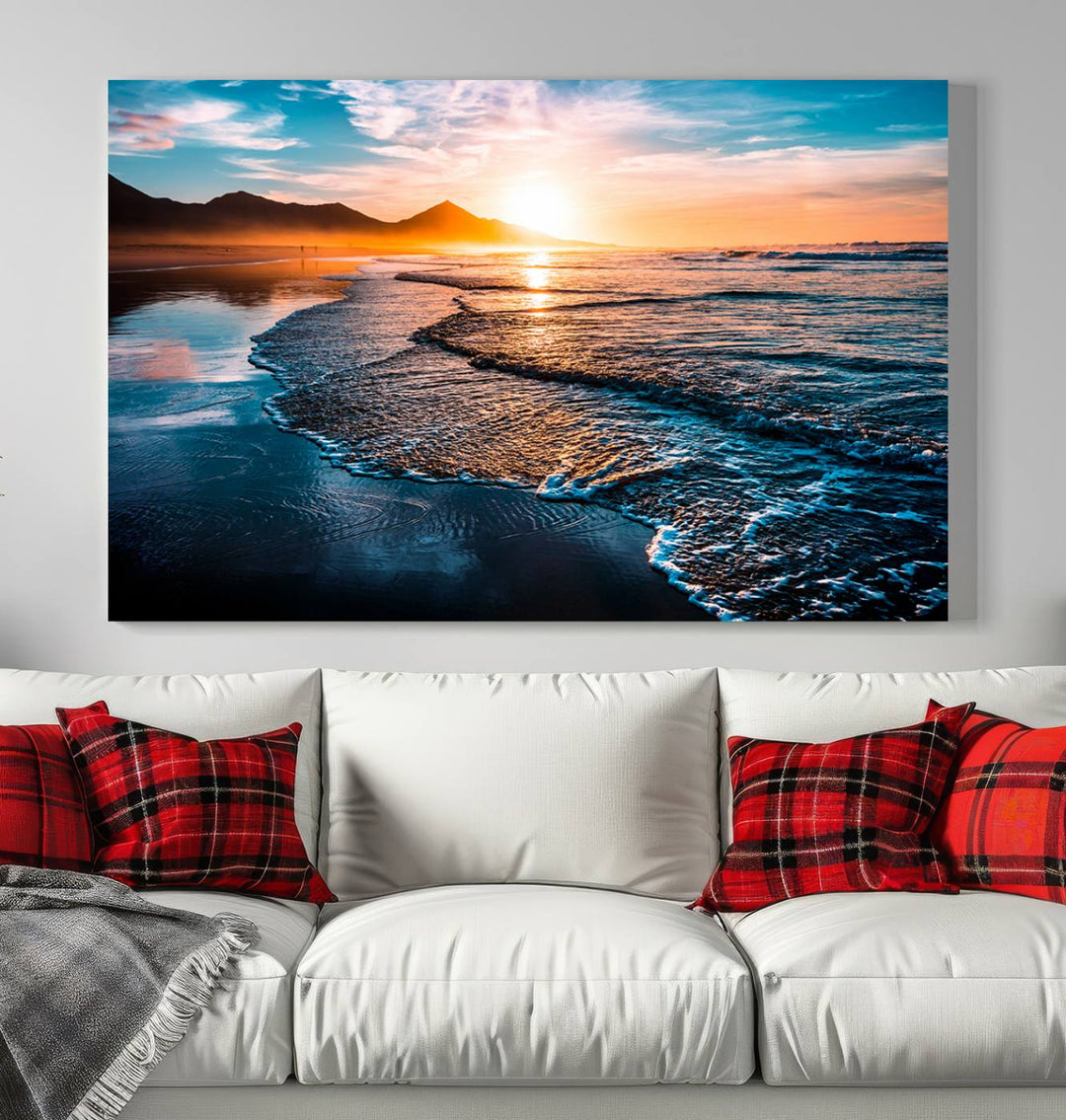 Ocean Waves Canvas Wall Art Print - Serene Beach Scene with Crystal Blue Water, Large Coastal Sunset Wall Art for Living Room, Ready to Hang Decor