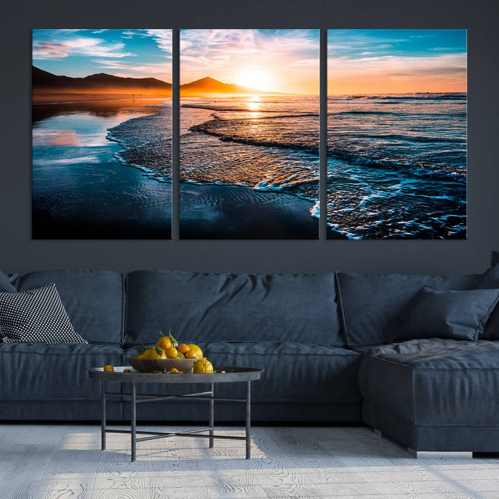 Ocean Waves Canvas Wall Art Print - Serene Beach Scene with Crystal Blue Water, Large Coastal Sunset Wall Art for Living Room, Ready to Hang Decor