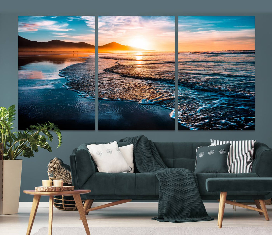 Ocean Waves Canvas Wall Art Print - Serene Beach Scene with Crystal Blue Water, Large Coastal Sunset Wall Art for Living Room, Ready to Hang Decor