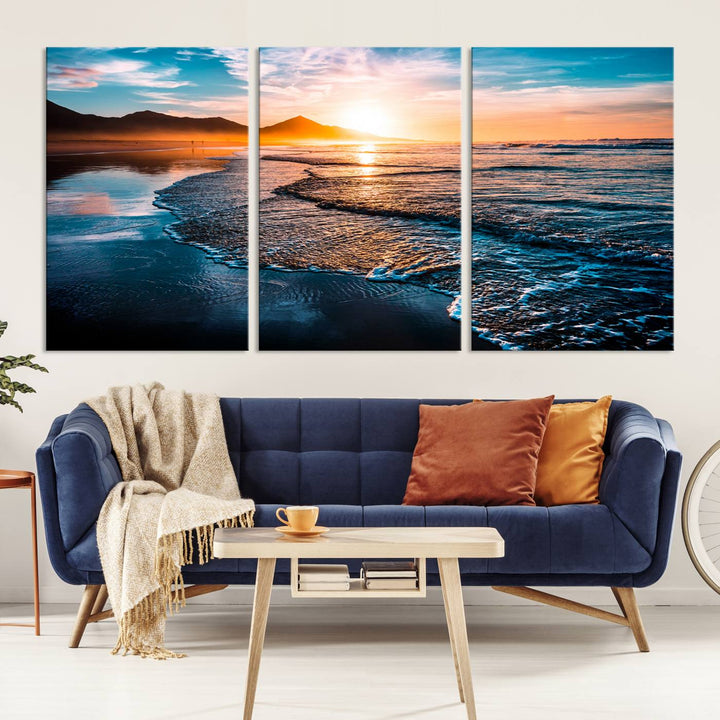 Ocean Waves Canvas Wall Art Print - Serene Beach Scene with Crystal Blue Water, Large Coastal Sunset Wall Art for Living Room, Ready to Hang Decor