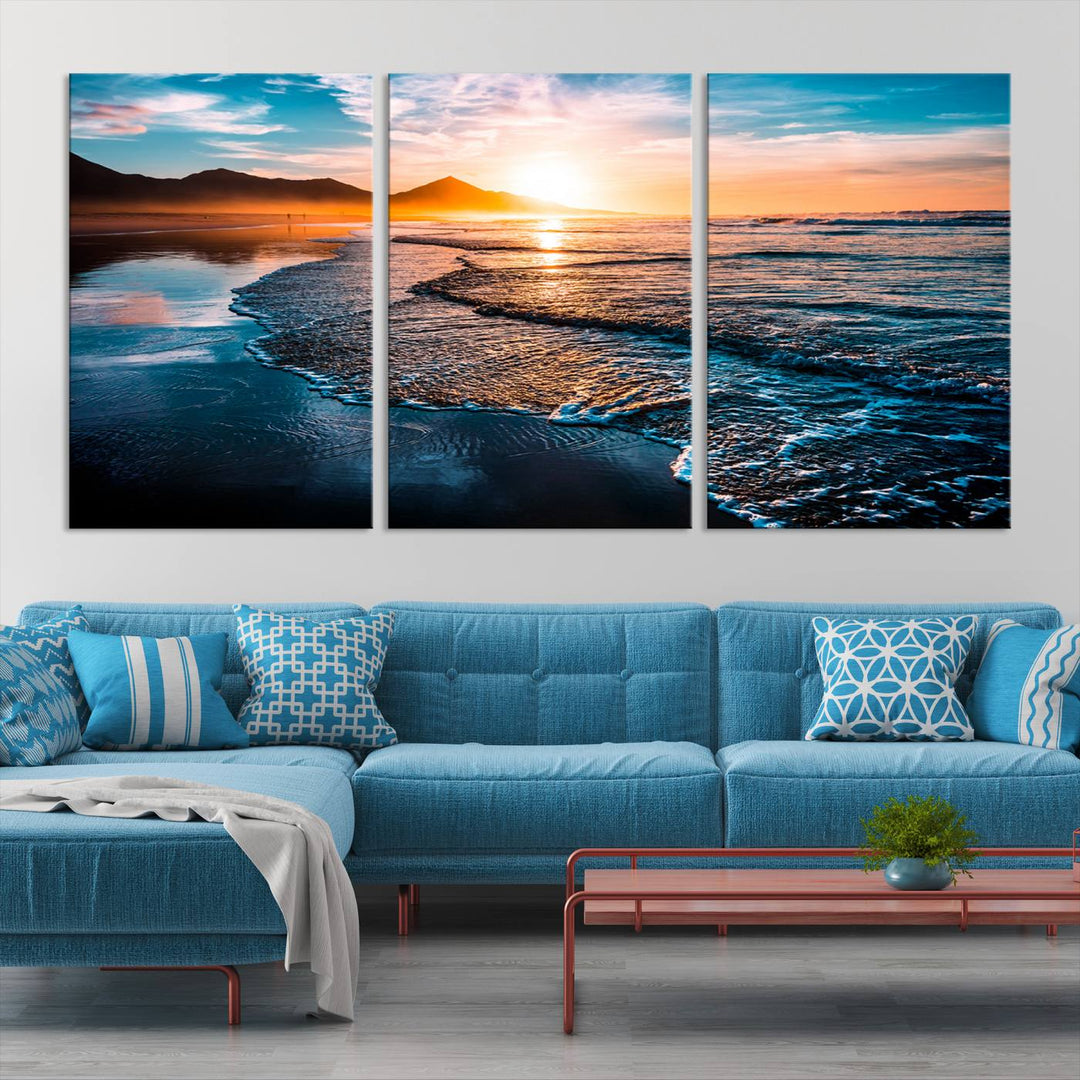 Ocean Waves Canvas Wall Art Print - Serene Beach Scene with Crystal Blue Water, Large Coastal Sunset Wall Art for Living Room, Ready to Hang Decor