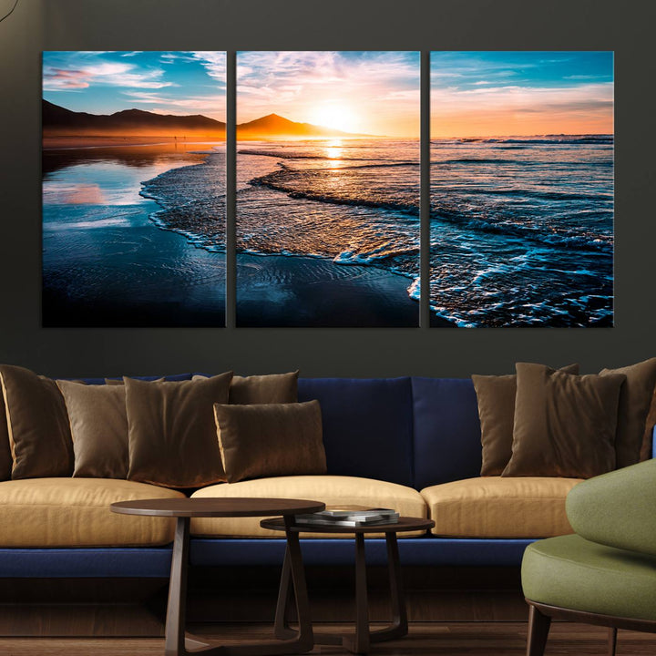 Ocean Waves Canvas Wall Art Print - Serene Beach Scene with Crystal Blue Water, Large Coastal Sunset Wall Art for Living Room, Ready to Hang Decor